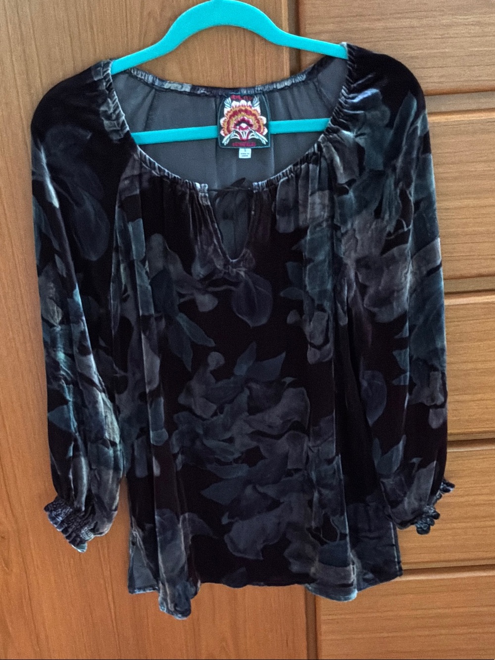 Johnny Was Black and Gray Velvet Floral Peasant Blouse